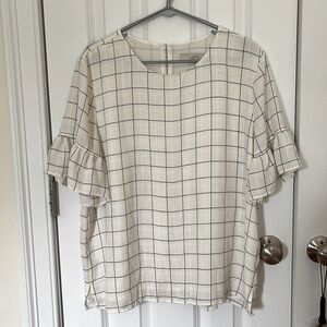 Loft Windowpane Grid Black and White Ruffle Sleeve Blouse